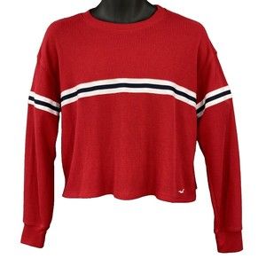 Y2K Red Waffle Knit Oversized Long Sleeve Boyfriend Tee Crop Top Womens XS - XL